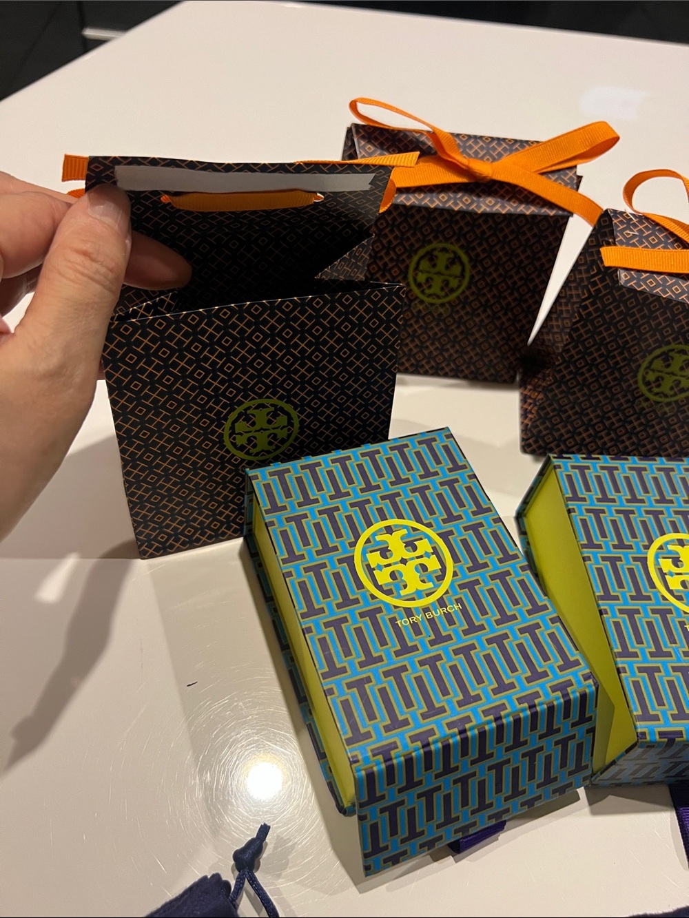 Tory Burch Gold Logo Charms with Orange, Blue and Purple Packaging - Picture 5 of 8